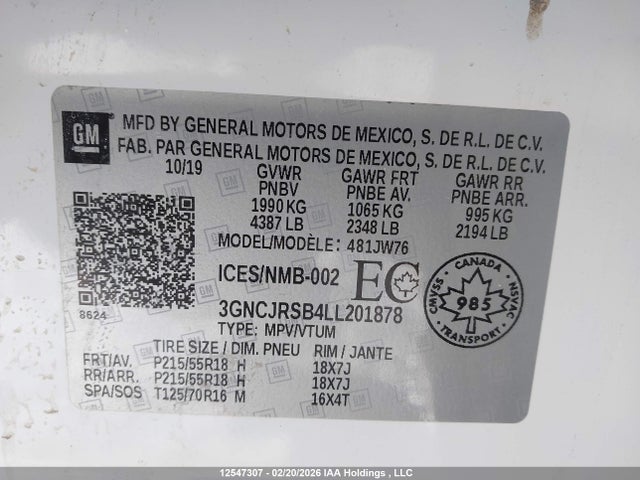 Aukcja sprzedaży 2020 Chevrolet Trax Premier, vin: 3GNCJRSB4LL201878, numer aukcji: 12547307