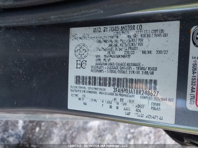 Aukcja sprzedaży 2011 Ford Fusion, vin: 3FAHP0JA1BR248627, numer aukcji: 12547312