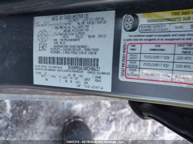 Aukcja sprzedaży 2011 Ford Fusion, vin: 3FAHP0JA1BR248627, numer aukcji: 12547312