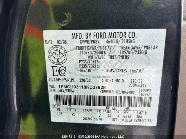 12547313 :رقم المزاد ، 1FMCU93118KD37928 vin ، 2008 Ford Escape Xlt مزاد بيع