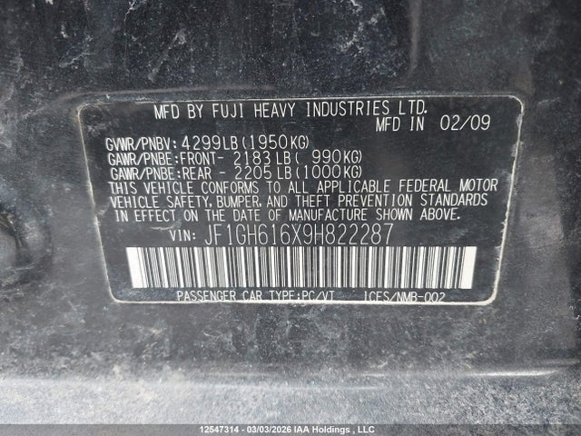 Продаж на аукціоні авто 2009 Subaru Impreza, vin: JF1GH616X9H822287, номер лоту: 12547314