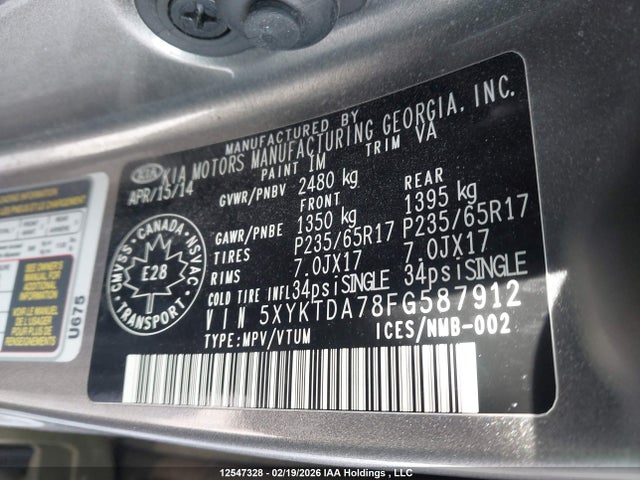 KIA Sorento Lx V6 2015 5XYKTDA78FG587912 Image 9