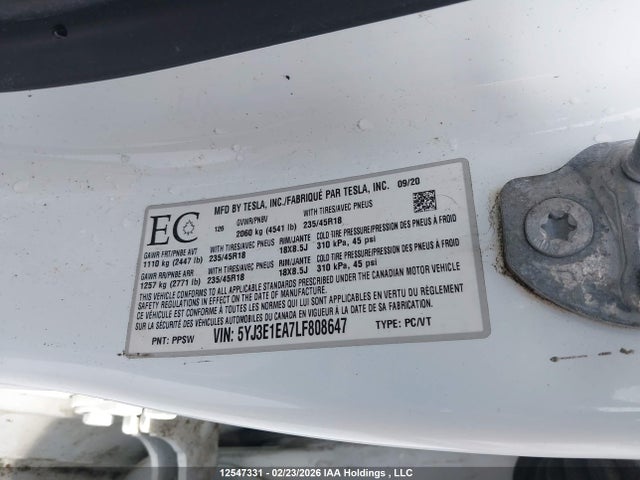 Aukcja sprzedaży 2020 Tesla Model 3 Standard Range Plus, vin: 5YJ3E1EA7LF808647, numer aukcji: 12547331