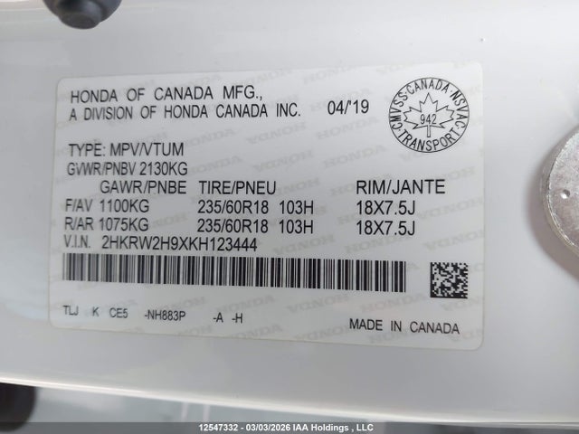 2HKRW2H9XKH123444 Honda Cr-v Touring