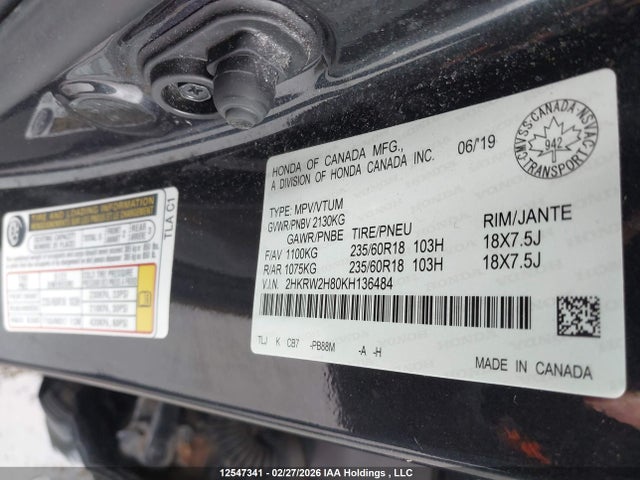 2HKRW2H80KH136484 Honda CR-V EXL