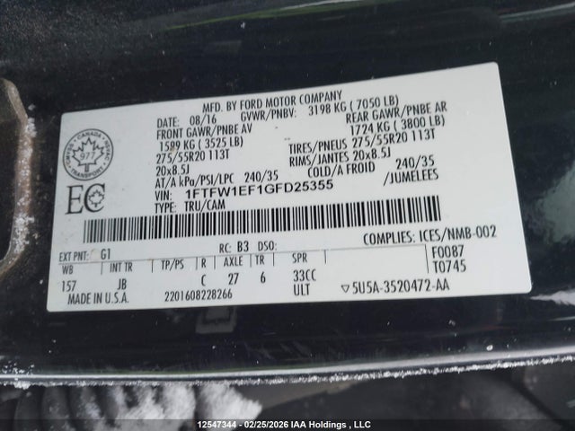 12547344 :رقم المزاد ، 1FTFW1EF1GFD25355 vin ، 2016 Ford F150 Supercrew مزاد بيع