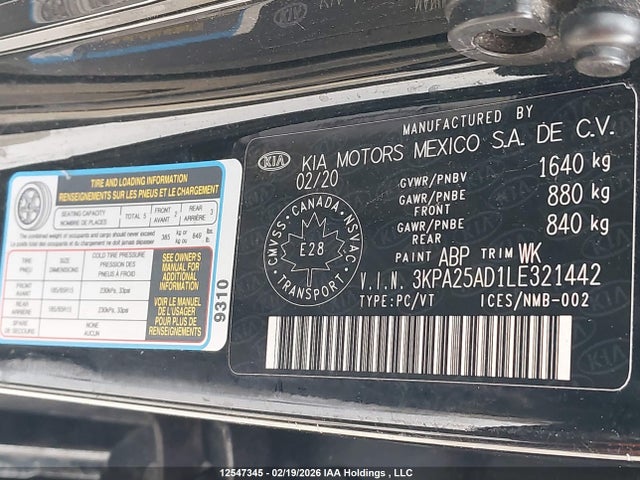 3KPA25AD1LE321442 KIA RIO LX/S
