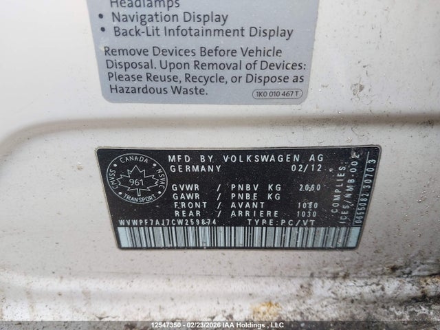 12547350 :رقم المزاد ، WVWPF7AJ7CW259874 vin ، 2012 Volkswagen Golf مزاد بيع
