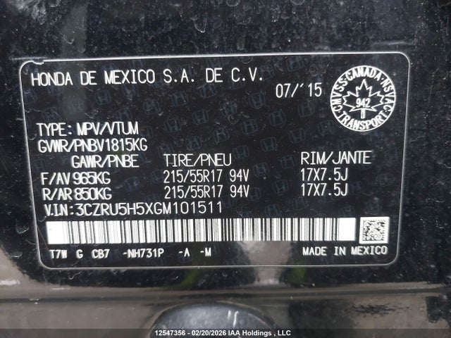 3CZRU5H5XGM101511 Honda HR-V EX