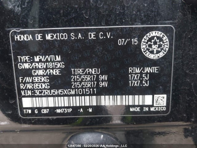 3CZRU5H5XGM101511 Honda HR-V EX
