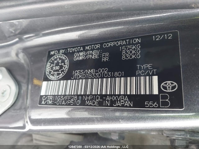 Aukcja sprzedaży 2013 Toyota Prius C, vin: JTDKDTB33D1031801, numer aukcji: 12547358