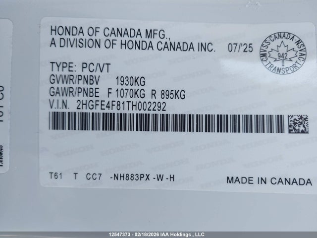 Aukcja sprzedaży 2026 Honda Civic Sport/sport Touring, vin: 2HGFE4F81TH002292, numer aukcji: 12547373