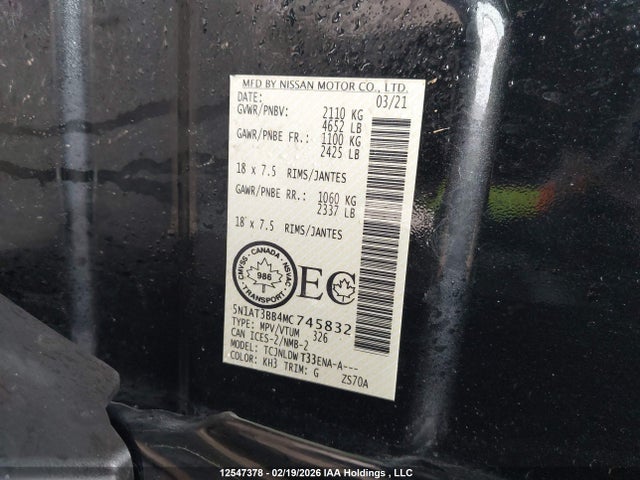12547378 :رقم المزاد ، 5N1AT3BB4MC745832 vin ، 2021 Nissan Rogue Sv مزاد بيع