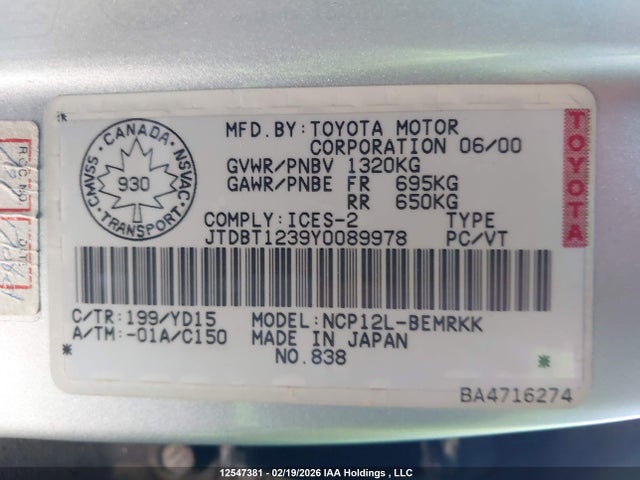 12547381 :رقم المزاد ، JTDBT1239Y0089978 vin ، 2000 Toyota Echo مزاد بيع