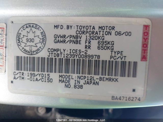 12547381 :رقم المزاد ، JTDBT1239Y0089978 vin ، 2000 Toyota Echo مزاد بيع
