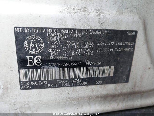 Aukcja sprzedaży 2021 Toyota Rav4, vin: 2T3R1RFV9MC156813, numer aukcji: 12547388