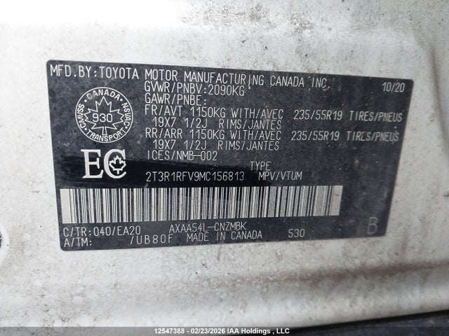 Aukcja sprzedaży 2021 Toyota Rav4, vin: 2T3R1RFV9MC156813, numer aukcji: 12547388