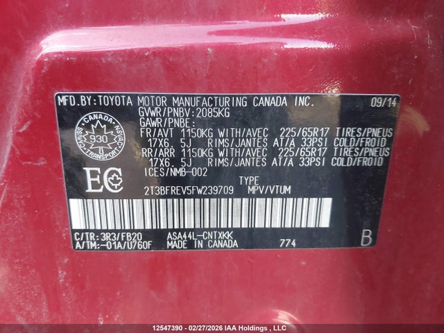12547390 :رقم المزاد ، 2T3BFREV5FW239709 vin ، 2015 Toyota Rav4 Le مزاد بيع