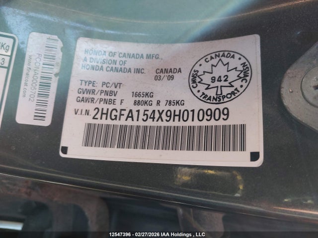 2009 Honda Civic Dx-g მანქანა იყიდება აუქციონზე, vin: 2HGFA154X9H010909, აუქციონის ნომერი: 12547396