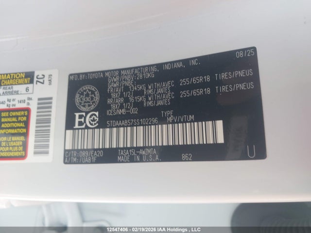 5TDAAAB57SS102296 Toyota Grand Highlander Le/xle/limited/platinum