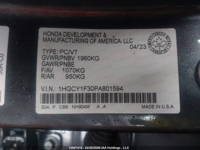 Aukcja sprzedaży 2023 Honda Accord Sedan, vin: 1HGCY1F30PA801594, numer aukcji: 12547416