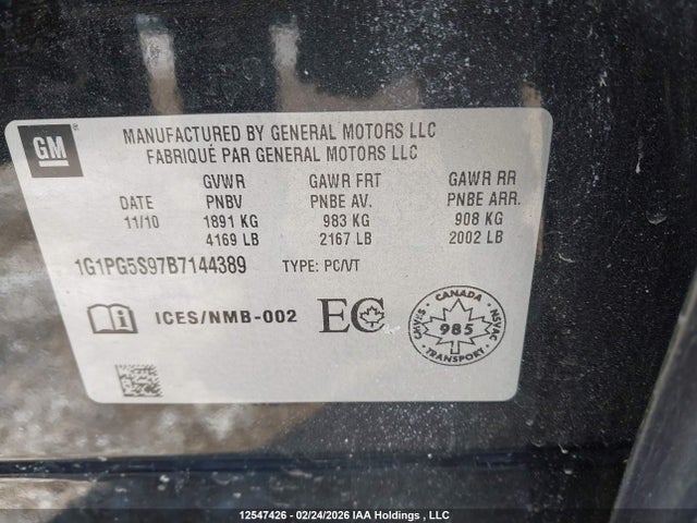 12547426 :رقم المزاد ، 1G1PG5S97B7144389 vin ، 2011 Chevrolet Cruze Lt مزاد بيع