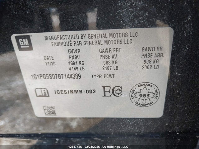 12547426 :رقم المزاد ، 1G1PG5S97B7144389 vin ، 2011 Chevrolet Cruze Lt مزاد بيع