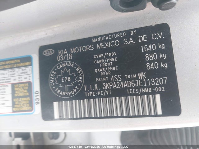 3KPA24AB6JE113207 KIA Rio Lx/lx+