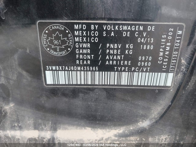 12547443 :رقم المزاد ، 3VWBX7AJ6DM435965 vin ، 2013 Volkswagen Jetta Se مزاد بيع