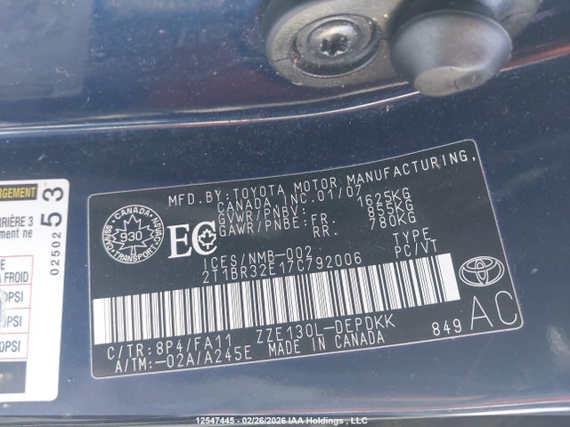12547445 :رقم المزاد ، 2T1BR32E17C792006 vin ، 2007 Toyota Corolla Ce/le/s مزاد بيع