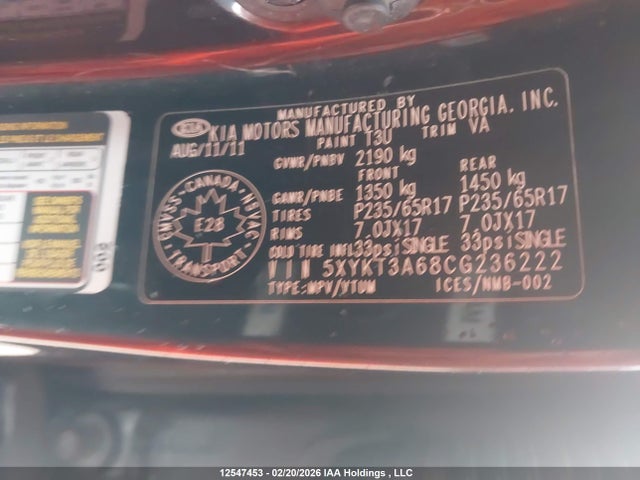 Aukcja sprzedaży 2012 Kia Sorento Lx, vin: 5XYKT3A68CG236222, numer aukcji: 12547453