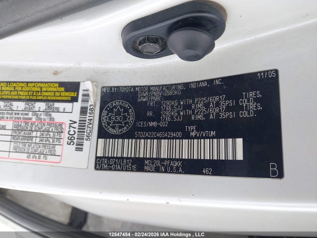 2006 Toyota Sienna Xle V6 მანქანა იყიდება აუქციონზე, vin: 5TDZA22C46S429400, აუქციონის ნომერი: 12547454