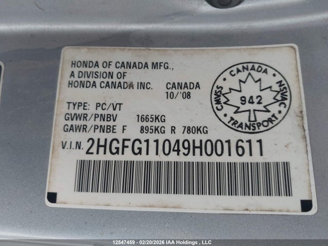 12547459 :رقم المزاد ، 2HGFG11049H001611 vin ، 2009 Honda Civic مزاد بيع