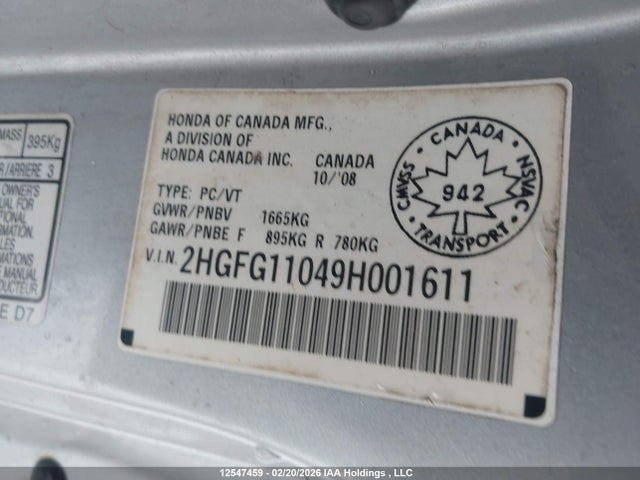 12547459 :رقم المزاد ، 2HGFG11049H001611 vin ، 2009 Honda Civic مزاد بيع