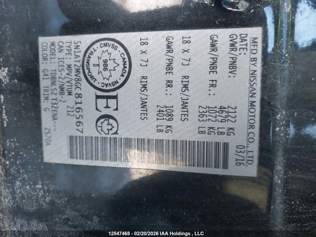 5N1AT2MV8GC816567 Nissan Rogue S/sl Premium/sv