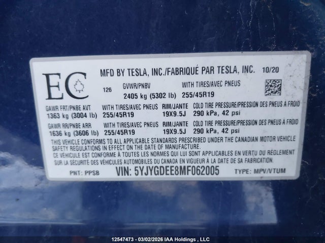 Aukcja sprzedaży 2021 Tesla Model Y Long Range, vin: 5YJYGDEE8MF062005, numer aukcji: 12547473