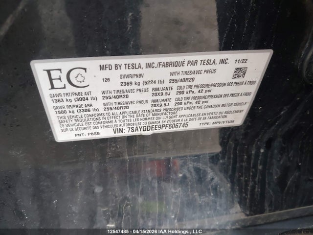 Aukcja sprzedaży 2023 Tesla Model Y Long Range, vin: 7SAYGDEE9PF606745, numer aukcji: 12547485