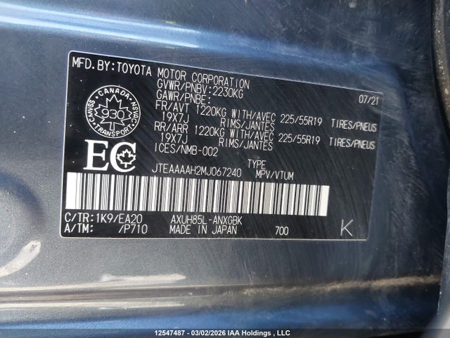 Aukcja sprzedaży 2021 Toyota Venza Le/xle/limited, vin: JTEAAAAH2MJ067240, numer aukcji: 12547487