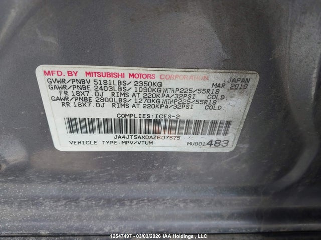 Продаж на аукціоні авто 2010 Mitsubishi Outlander Gt, vin: JA4JT5AX0AZ607575, номер лоту: 12547497