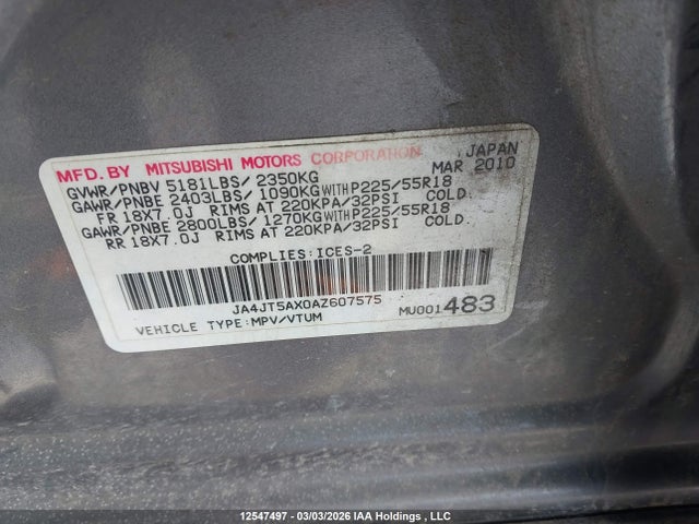 Продаж на аукціоні авто 2010 Mitsubishi Outlander Gt, vin: JA4JT5AX0AZ607575, номер лоту: 12547497