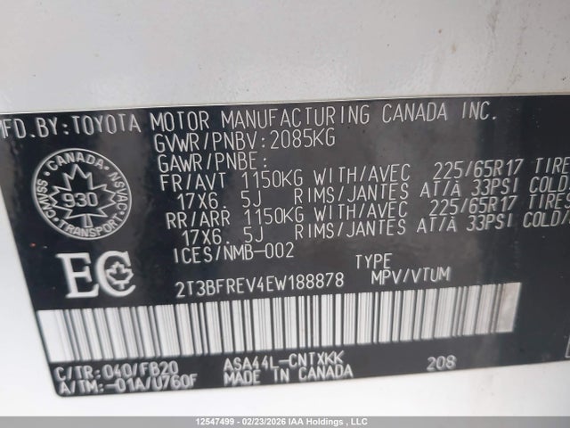 12547499 :رقم المزاد ، 2T3BFREV4EW188878 vin ، 2014 Toyota Rav4 Le مزاد بيع