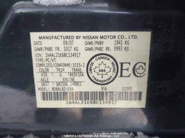 Aukcja sprzedaży 2008 Nissan Altima 2.5/2.5s, vin: 1N4AL21E68C134917, numer aukcji: 12547513