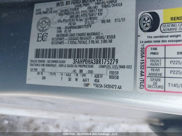 2011 Ford Fusion მანქანა იყიდება აუქციონზე, vin: 3FAHP0HA3BR175279, აუქციონის ნომერი: 12547520