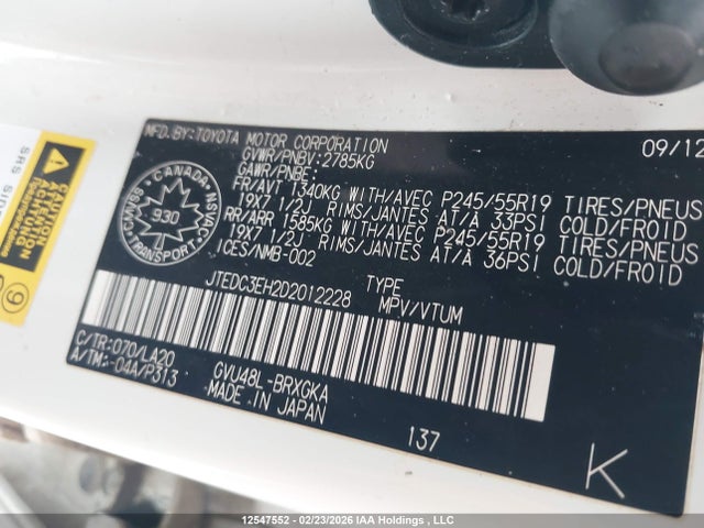 Продаж на аукціоні авто 2013 Toyota Highlander, vin: JTEDC3EH2D2012228, номер лоту: 12547552
