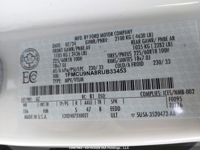 1FMCU9NA8RUB33453 Ford Escape St-line Select