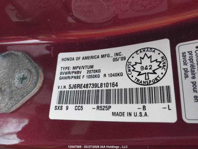 12547569 :رقم المزاد ، 5J6RE48739L810164 vin ، 2009 Honda Cr-v Ex-l مزاد بيع
