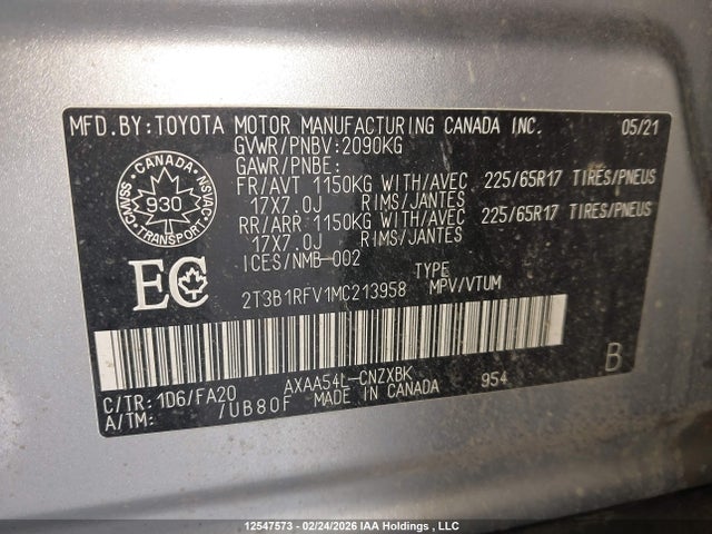12547573 :رقم المزاد ، 2T3B1RFV1MC213958 vin ، 2021 Toyota Rav4 Le مزاد بيع