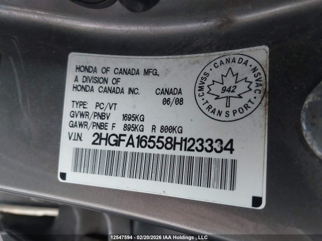 Aukcja sprzedaży 2008 Honda Civic Lx, vin: 2HGFA16558H123334, numer aukcji: 12547594