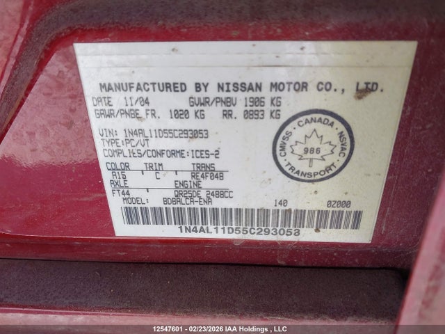 12547601 :رقم المزاد ، 1N4AL11D55C293053 vin ، 2005 Nissan Altima S/sl مزاد بيع