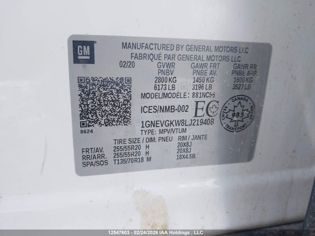 1GNEVGKW8LJ219408 Chevrolet Traverse Lt